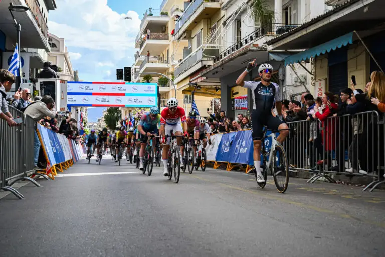 Matteo Moschetti celebrates stage 1 victory at the ΔΕΗ Hellas Tour