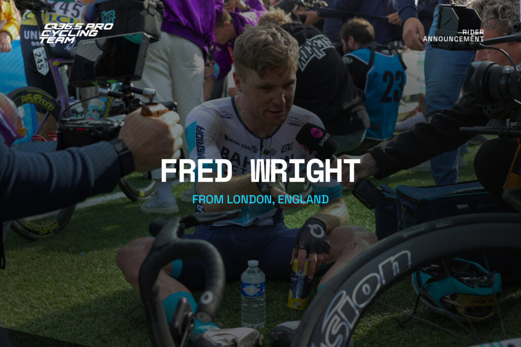 Fred Wright gives a post-race interview after Paris-Roubaix 2025 while sitting on the grass