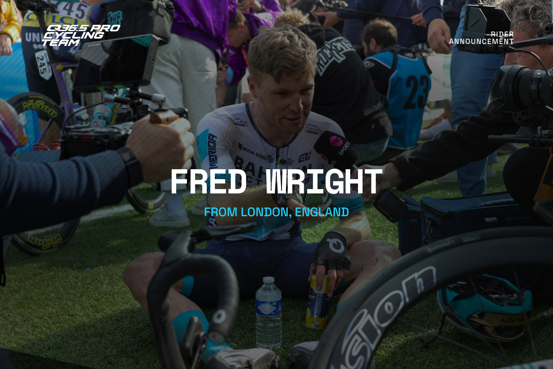 Fred Wright gives a post-race interview after Paris-Roubaix 2025 while sitting on the grass